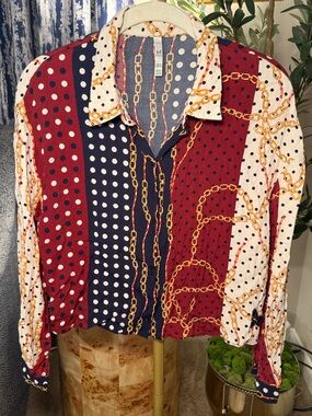 Zara Navy, Burgundy & Cream Polka Dot Chain-Print Button-Down Shirt